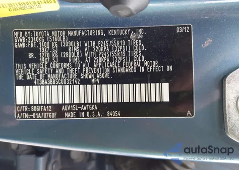 2012 Toyota Venza Le z USA, uszkodzony, nr VIN 4T3BA3BB5CU032142